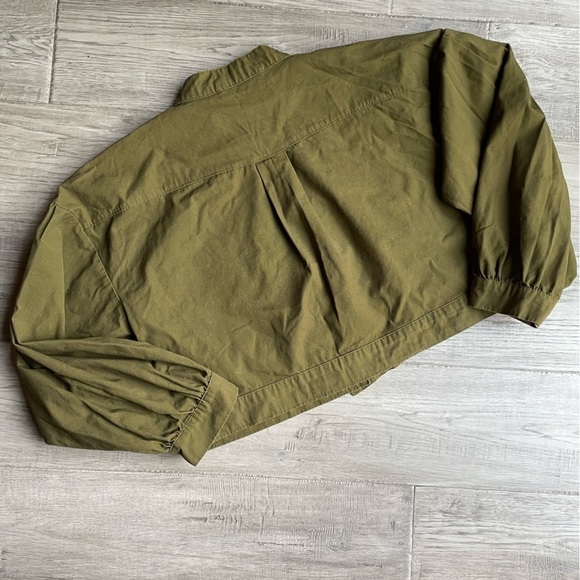 JustFab Canvas Cropped Jacket Balloon Sleeve Olive Green Boxy Cargo Like SZ XXL - Picture 2 of 16